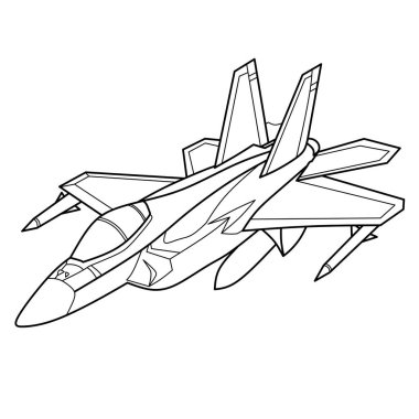 Detaylı savaş uçağı ana hatları siyah-beyaz, havacılık temalı renkli sayfalar, askeri uçak meraklıları ve basılabilir araç sanatı için mükemmel.