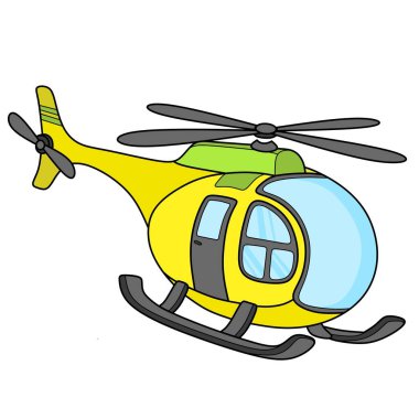 Şirin sarı bir çizgi film helikopter çizimi, çocuk taşıma teması, havacılık grafikleri ve eğlenceli hava aracı tasarımları için mükemmel.