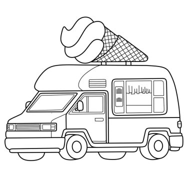 Dev bir külahla klasik dondurma kamyonu ana hatları. Tatlı ikram sayfaları, yemek kamyonu temaları ve yaz eğlenceleri için mükemmel.