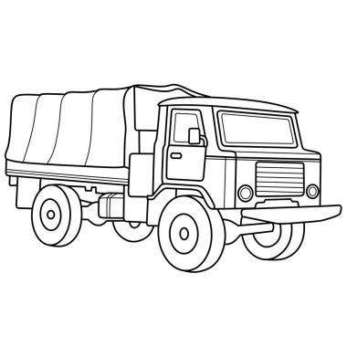 Kapalı yataklı, askeri araç boyama sayfaları, savaş nakliye temaları ve detaylı basılabilir aktiviteler için mükemmel bir askeri kamyon taslağı.