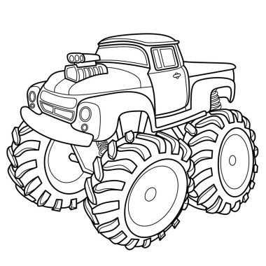 Kocaman lastikleri olan güçlü bir kamyon tasarımı, aksiyon dolu renkli sayfalar, off-road araç temaları ve basılabilir ekstrem spor aktiviteleri için mükemmel.