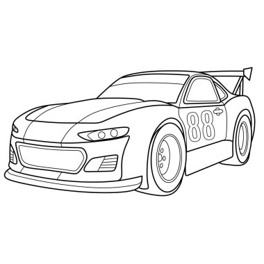 Dinamik NASCAR yarış arabası ana hatları 88 numara, yarış fan boyama sayfaları, yüksek hızlı otomotiv temaları ve basılabilir spor araba sanatı için mükemmel.