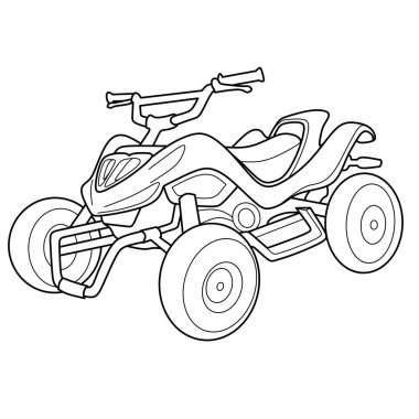 Siyah beyaz dinamik dörtlü bisiklet ana hatları, ATV boyama sayfaları, off-road macera temaları ve basılabilir eğlence aracı aktiviteleri için ideal