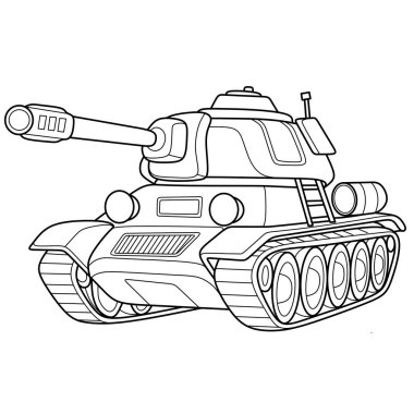 Kulesi ve rayları olan güçlü askeri tank ana hatları, askeri araç boyama sayfaları, savaş temaları ve detaylı yazdırılabilir aktiviteler için mükemmel