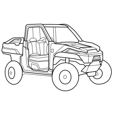 Engebeli UTV yan yana araç taslağı, off-road macera boyama sayfaları, araç temaları ve basılabilir eğlence aktiviteleri için mükemmel