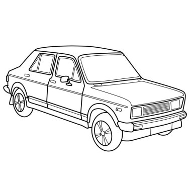 Klasik Yugo araba taslağı, klasik otomobil boyama sayfaları, eski araç temaları ve basılabilir otomotiv tarihi aktiviteleri için mükemmel.