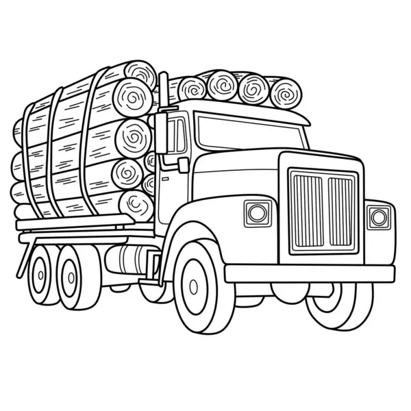 Siyah-beyaz ağır yük kamyonu anahatları, çocukların inşaat aracı boyama sayfaları, ormancılık temaları ve büyük kamyon aktiviteleri için ideal.