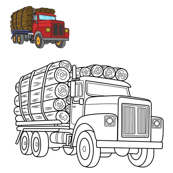 Renkli bir örnek içeren ağır yük vagonu boyama sayfası, çocukların inşaat temaları, ormancılık araçları ve büyük kamyon aktiviteleri için ideal..