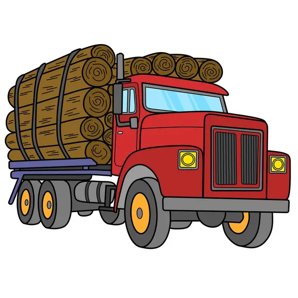 Yığılmış kereste ile canlı bir kırmızı çizgi film kamyon çizimi, ormancılık temaları, ağır araç grafikleri ve endüstriyel ulaşım tasarımları için mükemmel.