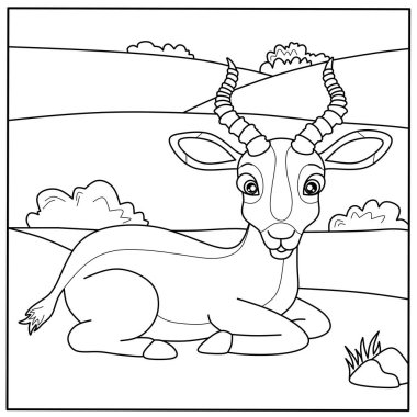 Doğal bir manzarada şirin bir antilop boyama sayfası, çocukların hayvan boyama kitapları, vahşi yaşam aktiviteleri ve renkli çizgiler için basılabilir ceylan benzeri çizgiler için mükemmel.