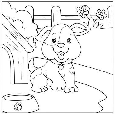 Güzel çizgi film köpek boyama sayfası. Çocukların yaratıcı faaliyetleri ve hayvanlar hakkında öğrendiklerinin dostane bir özeti.