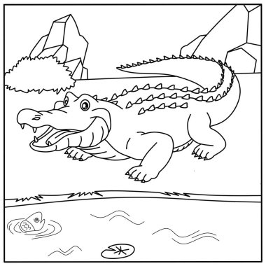 Dost canlısı çizgi film timsah / timsah boyama sayfası. Çocukların eğitim sanatı projeleri ve sürüngenler hakkında öğrenim için vahşi hayvan taslağı