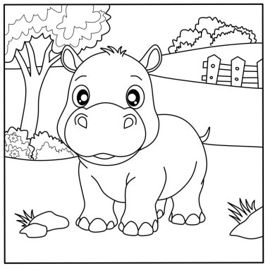 Tatlı çizgi film bebek su aygırı boyama sayfası. Çocukların yaratıcı aktiviteleri ve vahşi hayatı öğrenmeleri için dostane bir vahşi hayvan taslağı.