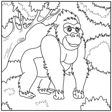 Ormandaki dost canlısı çizgi film goril boyama sayfası. Çocukların yaratıcı aktiviteleri ve maymunlar hakkında öğrendikleri vahşi primat ana hatları