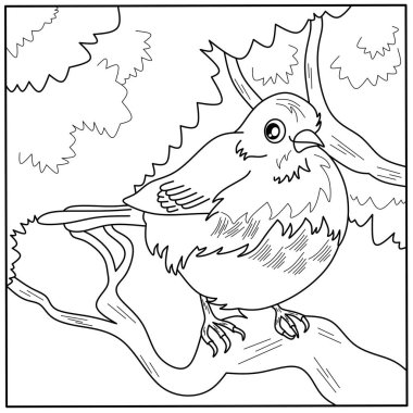 Tatlı çizgi film junco kuş boyama sayfası bir dala konmuş. Çocukların yaratıcı aktiviteleri ve kuşlar hakkında öğrendiklerinin tatlı kuş taslağı.