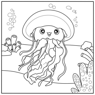 Su altı sahnesinde şirin bir denizanası boyama sayfası. Deniz yaratığı, çocukların yaratıcı aktiviteleri ve okyanus yaşamını öğrenmek için ana hatları.