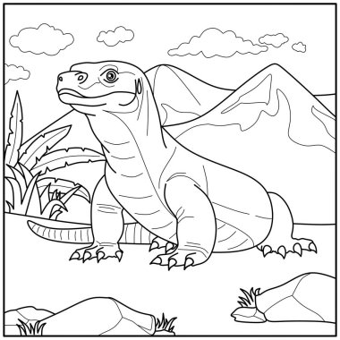 Çizgi film Komodo ejderha boyama sayfası. Çocukların yaratıcı aktiviteleri ve sürüngenleri öğrenmek için geniş bir ana hatları var..