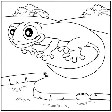 Su kenarındaki şirin çizgi film semender boyama sayfası. Çocukların yaratıcı faaliyetleri ve sulak arazi hayvanlarını öğrenmeleri için amfibi taslağı