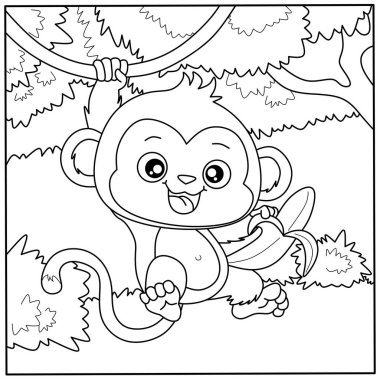 Muzlu şirin çizgi film maymun boyama sayfası. Arkadaş canlısı primat çocukların yaratıcı aktiviteleri için orman ağaçlarında sallanıyor.