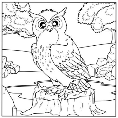 Bilge çizgi film baykuş boyama sayfası bir kütüğe tünemiş. Çocukların yaratıcı aktiviteleri ve kuşları öğrenmeleri için görkemli bir özet.