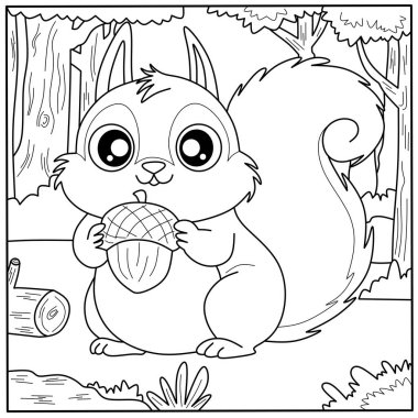 Elinde meşe palamudu tutan şirin bir sincap boyama sayfası. Çocukların yaratıcı aktiviteleri ve öğrenmeleri için dost canlısı vahşi hayvan taslağı