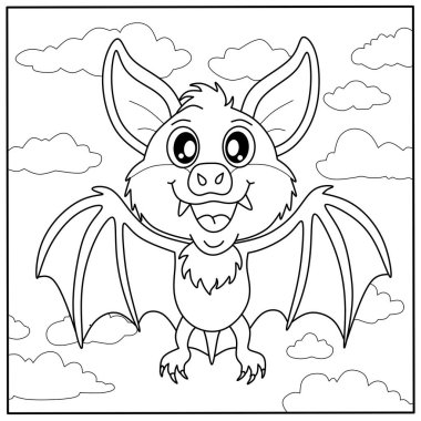 Gece gökyüzünde uçan şirin vampir yarasa boyama sayfası. Çocukların cadılar bayramı aktiviteleri ve öğrenmeleri için ürkütücü hayvan taslağı.