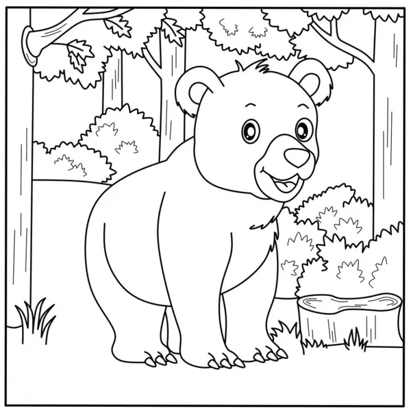 Ormandaki sevimli çizgi film ayı boyama sayfası, çocukların hayvan boyama kitapları, orman yaratıkları aktiviteleri ve renkler için basılabilir şirin ayı ana hatları için mükemmel..