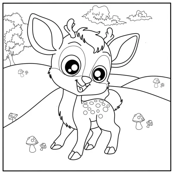 Çayırdaki sevimli çizgi film geyiği (yavru geyik) boyama sayfası. Çocukların yaratıcı aktiviteleri ve öğrenmeleri için sevimli vahşi hayvan taslağı.