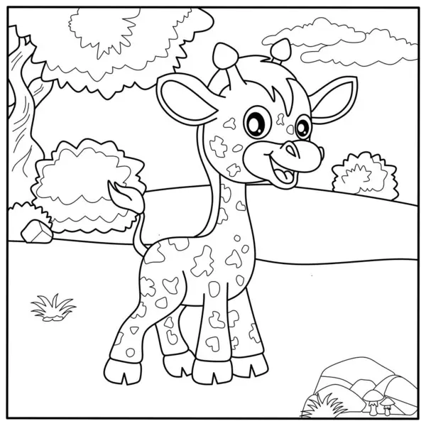 Savanada şirin bir bebek zürafa boyama sayfası. Çocukların yaratıcı aktiviteleri ve öğrenmeleri için dost canlısı vahşi hayvan taslağı