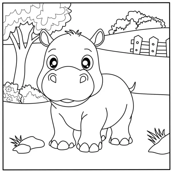 Tatlı çizgi film bebek su aygırı boyama sayfası. Çocukların yaratıcı aktiviteleri ve vahşi hayatı öğrenmeleri için dostane bir vahşi hayvan taslağı.