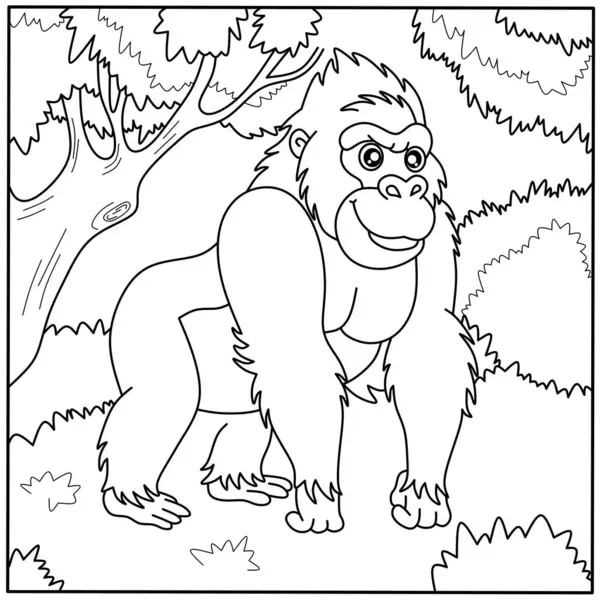 Ormandaki dost canlısı çizgi film goril boyama sayfası. Çocukların yaratıcı aktiviteleri ve maymunlar hakkında öğrendikleri vahşi primat ana hatları