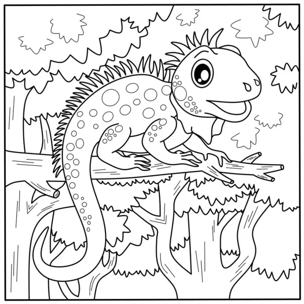 Ağaç dalındaki sevimli çizgi film iguana boyama sayfası. Çocukların yaratıcı faaliyetleri ve kertenkeleler hakkında bilgi edinmek için dost canlısı bir sürüngen taslağı.