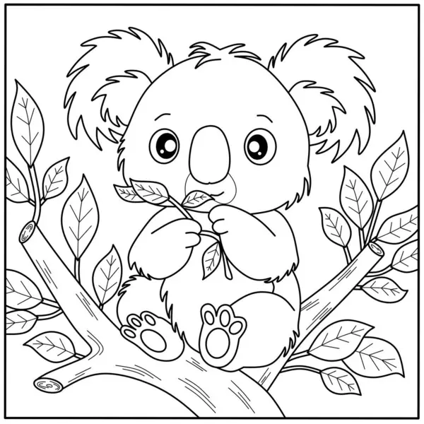 Güzel koala boyama sayfası okaliptüs yiyor. Çocukların yaratıcı aktiviteleri ve öğrenmeleri için dost canlısı Avustralya hayvan taslağı