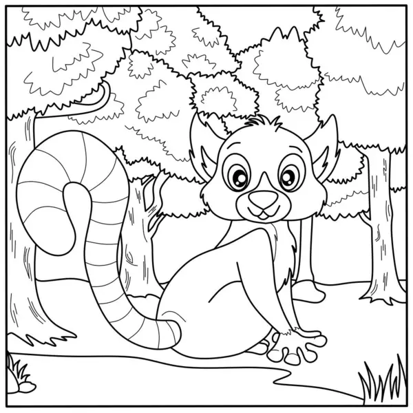 Ormanda şirin bir lemur boyama sayfası. Çocukların yaratıcı aktiviteleri ve vahşi hayatı öğrenmeleri için dost canlısı primat ana hatları