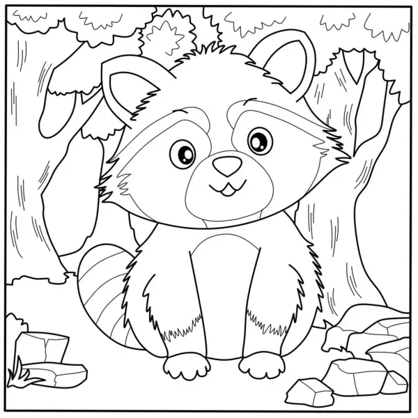 Ormanda şirin bir rakun boyama sayfası. Çocukların yaratıcı aktiviteleri ve öğrenmeleri için dost canlısı vahşi hayvan taslağı