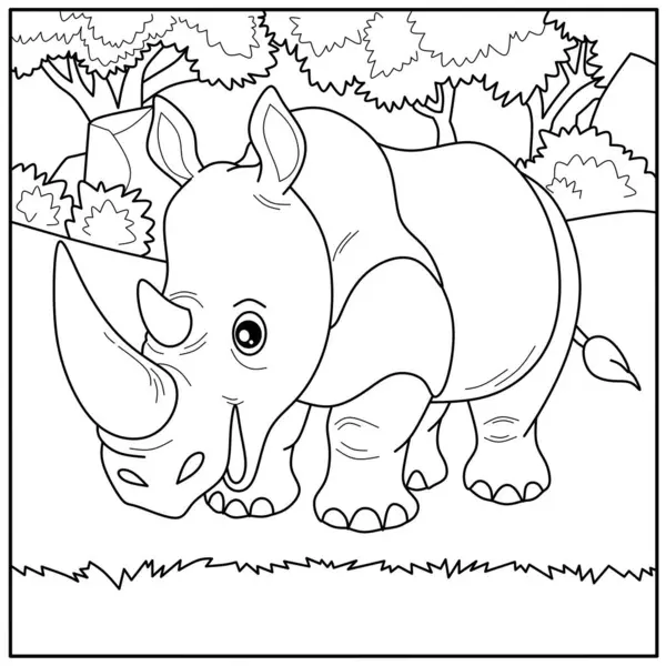 Savanadaki sevimli çizgi film gergedanı boyama sayfası. Çocukların yaratıcı aktiviteleri ve öğrenmeleri için dost canlısı vahşi hayvan taslağı