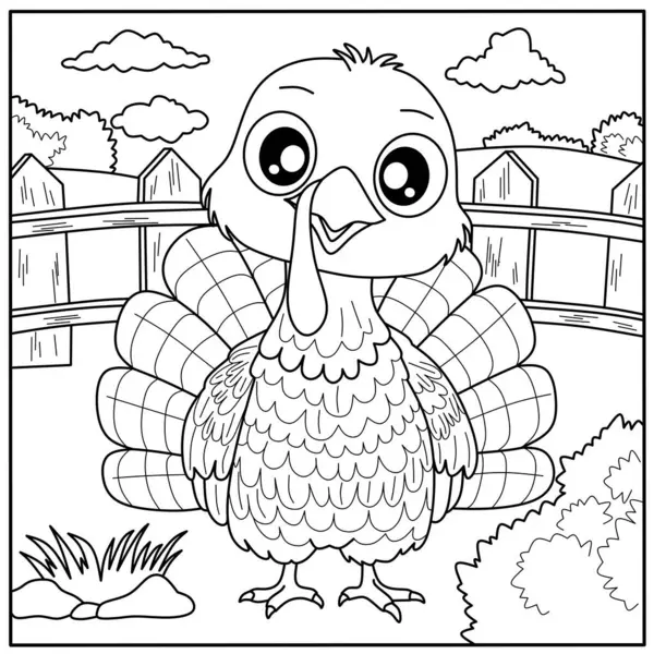 Çiftlikteki şirin çizgi film hindi boyama sayfası. Çocukların yaratıcı faaliyetleri ve çiftlik hayvanları hakkında bilgi edinmek için dost canlısı bir kuş taslağı.