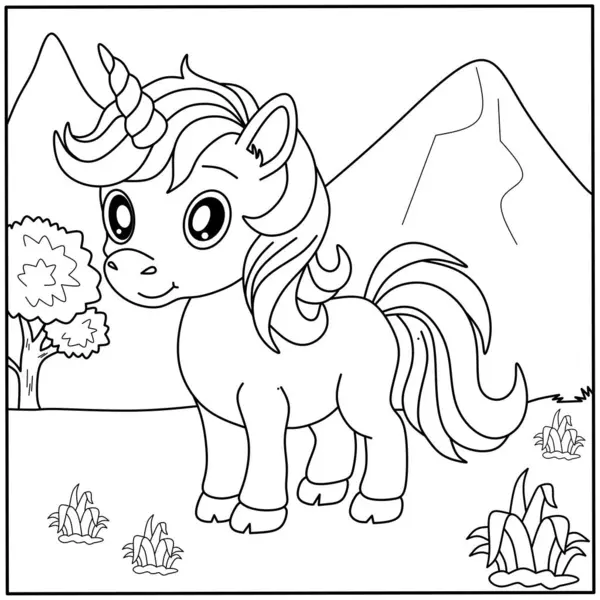 Sihirli boynuzlu şirin çizgi film bebek tek boynuzlu at boyama sayfası. Çocukların yaratıcı aktiviteleri ve eğlencesi için fantezi hayvan taslağı