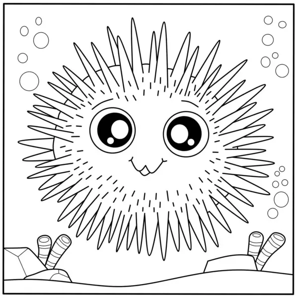 Su altı sahnesindeki sevimli deniz kestanesi boyama sayfası. Çocukların yaratıcı aktiviteleri için dost canlısı bir deniz hayvanı taslağı.