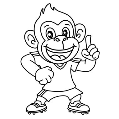 Siyah-beyaz çizgi film sanatı mutlu çizgi film maymunu başparmağını kaldırıyor ve elinde bir futbol topu tutuyor. Basit tasarım renklendirme veya temel çizimler için mükemmel