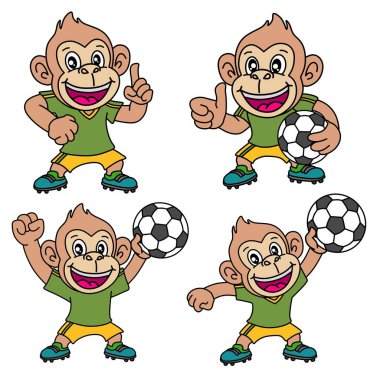 Farklı pozlarda dört mutlu maymun futbolcu.