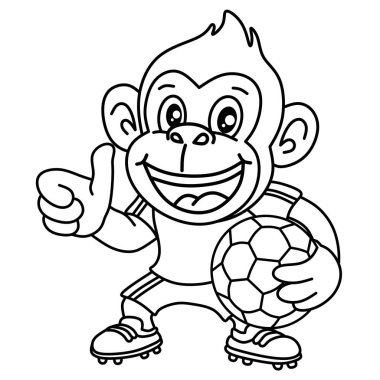 Siyah-beyaz çizgi film sanatı mutlu çizgi film maymunu başparmağını kaldırıyor ve elinde bir futbol topu tutuyor. Basit tasarım renklendirme veya temel çizimler için mükemmel