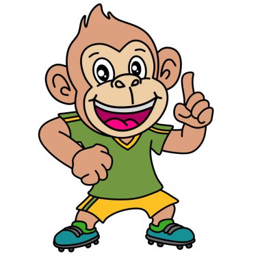 Futbol kıyafetli şirin bir maymun, elinde kocaman bir gülümseme ve baş parmak ile bir top tutuyor. Çocuk sporları, maskotlar ve eğlenceli hayvan temaları için mükemmel.