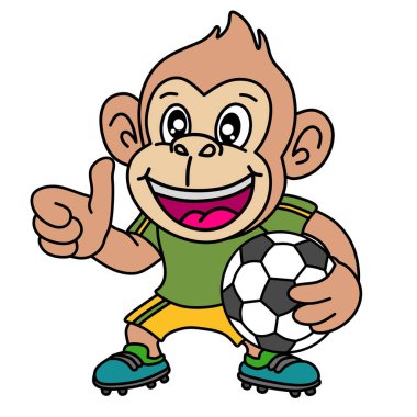 Futbol kıyafetli şirin bir maymun, elinde kocaman bir gülümseme ve baş parmak ile bir top tutuyor. Çocuk sporları, maskotlar ve eğlenceli hayvan temaları için mükemmel.
