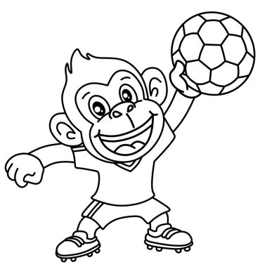 Siyah-beyaz çizgi film sanatı mutlu çizgi film maymunu başparmağını kaldırıyor ve elinde bir futbol topu tutuyor. Basit tasarım renklendirme veya temel çizimler için mükemmel