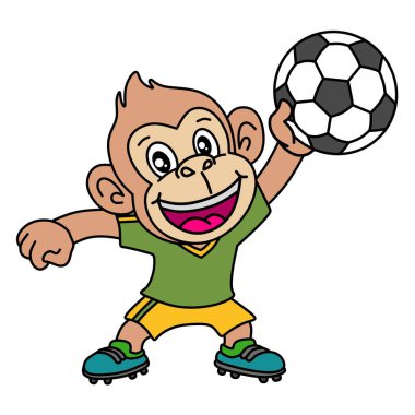 Futbol kıyafetli şirin bir maymun, elinde kocaman bir gülümseme ve baş parmak ile bir top tutuyor. Çocuk sporları, maskotlar ve eğlenceli hayvan temaları için mükemmel.