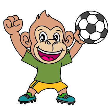 Futbol kıyafetli şirin bir maymun, elinde kocaman bir gülümseme ve baş parmak ile bir top tutuyor. Çocuk sporları, maskotlar ve eğlenceli hayvan temaları için mükemmel.