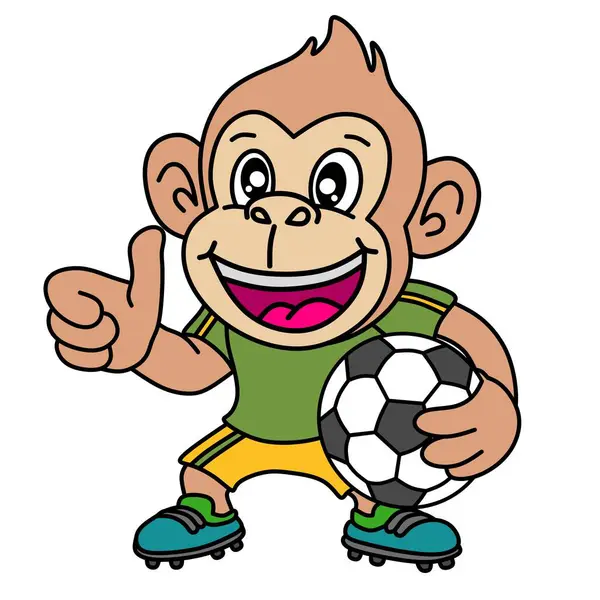 Futbol kıyafetli şirin bir maymun, elinde kocaman bir gülümseme ve baş parmak ile bir top tutuyor. Çocuk sporları, maskotlar ve eğlenceli hayvan temaları için mükemmel.