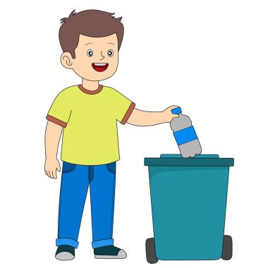 Çizgi filmci çocuk mutlu bir şekilde plastik bir şişeyi mavi bir çöp kutusuna geri dönüştürüyor, çevre bakımını ve atık yönetimini teşvik ediyor.