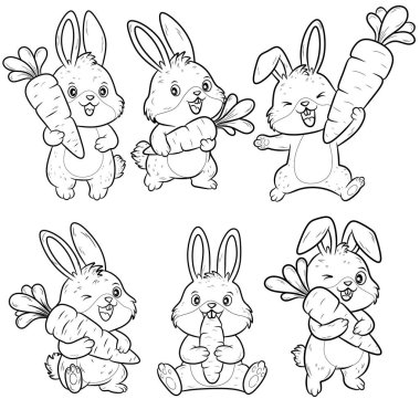 Çeşitli havuçlarla poz veren altı adet siyah beyaz çizgi çizgi film tavşanı. Boyama kitapları, çocuk aktiviteleri ya da basit çizimler için mükemmel.